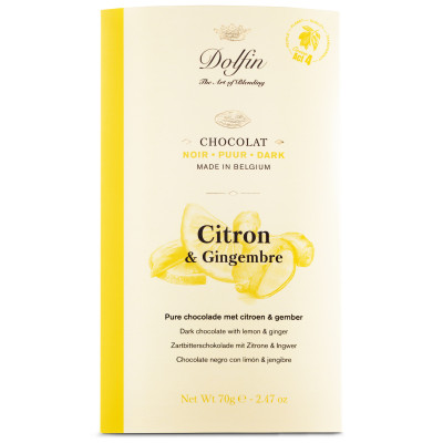 Hořká čokoláda s citronem a zázvorem 70g.